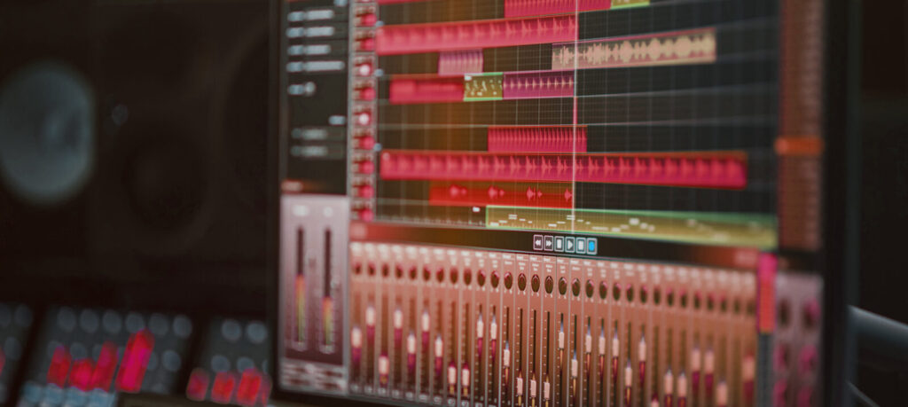 Modern Music Recording Studio Equipment: Computer Screen Showing User Interface of DAW Digital Audio Workstation Software with Track Song Playing. Sound and Music Recording and Editing Application